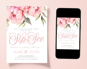 Invitación editable de fiesta de bienvenida para bebé niña con diseño floral rosa, plantilla digital descargable de Canva 5x7 para imprimir, enviar por correo electrónico o texto.