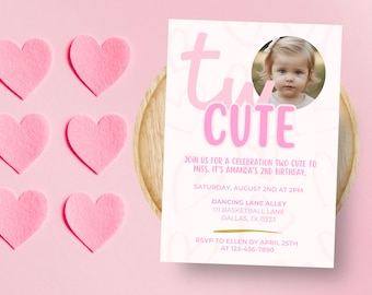 Two Cute Birthday Invitation with Picture | 2nd Birthday Girl Pink Invite  | Second Birthday Photo Invite | Heart Themed | Edit in Canva