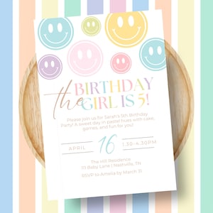 May include: A pastel-coloured birthday party invitation with a smiley face design. The text reads "Birthday the girl is 5!" and includes details about the party, including the date, time, and location. RSVP to Amelia by 31 March.