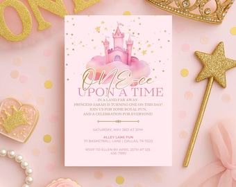 Princess 1st Birthday Party Invitation One-ce Upon a Time First Birthday Invite Pink Girl First Birthday Editable Invitation Princess Castle