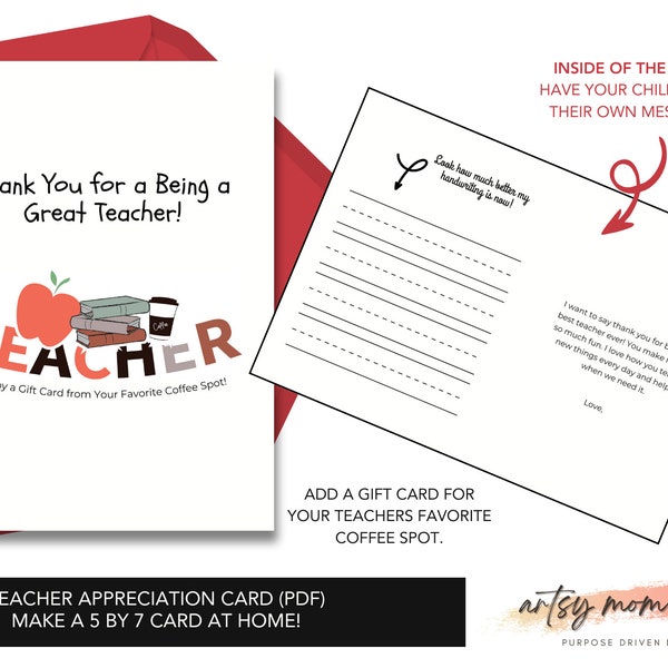 Printable Teacher Appreciation Card - Add a Coffee Shop Gift Card - Instant Digital Download, Teacher Thank You Note, Write Your Own Message