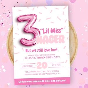 Little Miss Threenager Birthday Invitation: Pink 3rd Birthday, Canva Template (5x7 Digital Download)