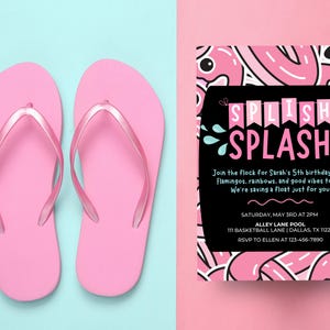 Flamingo Birthday Invitation, Splish Splash Pool Party Invite, Girl Summer Pool Party, Editable Flamingo Invite, Instant Download Template