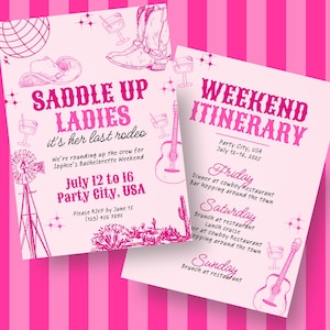 Puede incluir: Dos tarjetas de invitación rosas con temática de rodeo. Una tarjeta dice "Saddle Up Ladies" con una ilustración de bota y sombrero de vaquero. La otra tarjeta es un itinerario de fin de semana con una ilustración de guitarra.