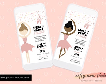 Ballerina Editable Ballet/Dance Recital Invitation, Evite, Digital Download - Phone, Print and Email Sizes - Pink and White - Two Options