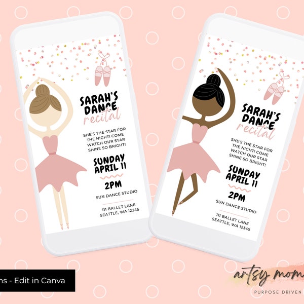 Ballerina Editable Ballet/Dance Recital Invitation, Evite, Digital Download - Phone, Print and Email Sizes - Pink and White - Two Options