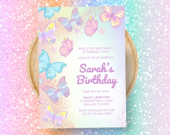 Editable Butterfly Birthday Invitation | Pastel Birthday Party Invite Template, Girl Birthday Celebration, Digital Download Canva | 5x7