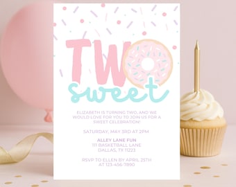 Editable Two Sweet Birthday Invitation, 2nd Birthday Girl Invite, Second Birthday Donut Theme, Two Sweet Digital Invite, Instant Download