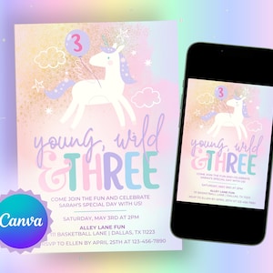 Young Wild & Three Unicorn Birthday Invitation, Editable Unicorn 3rd B'day Invite, Pastel Rainbow Unicorn Magical Party, Digital Download