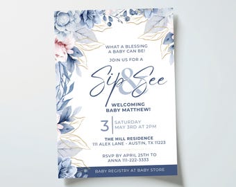 Blue Sip and See Invitation | Boy Sip and See Evite | Floral Baby Shower | Digital Download | Canva Template | 5x7