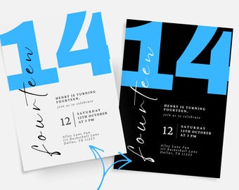 Editable Teen Boy Birthday Invitation | 14th Birthday Party Evite Template | Fourteenth Birthday Digital Download | Canva Template
