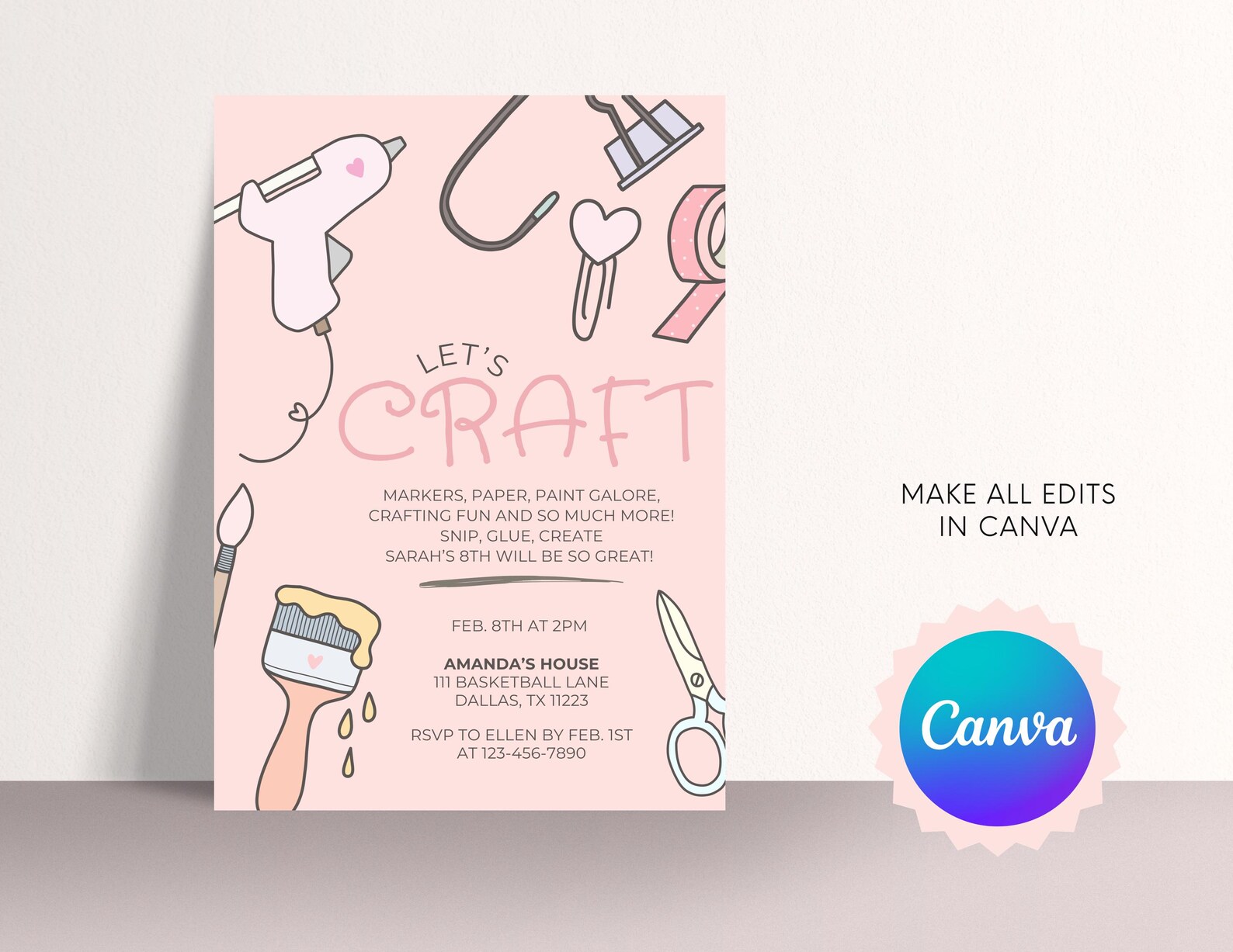 Editable Girls Craft Party Invitation | Arts & Crafts Birthday Invite ...