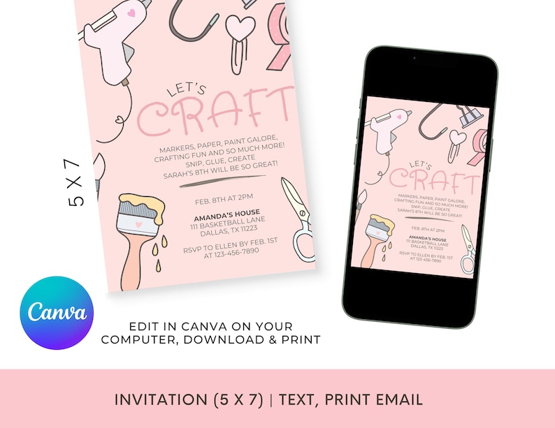 Editable Girls Craft Party Invitation | Arts & Crafts Birthday Invite ...