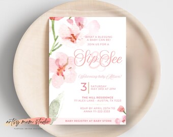 Invitación editable de fiesta de bienvenida para bebé niña con diseño floral rosa, plantilla digital descargable de Canva 5x7 para imprimir, enviar por correo electrónico o texto.