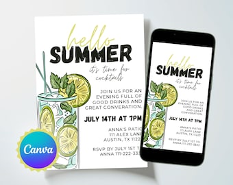 Summer Cocktail Party Invitation Template, Drink Assortment Invite, Editable Canva Evite, Printable Bar Party Invite Digital