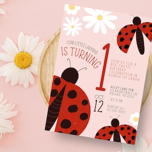 d'invitation de fête d'anniversaire de coccinelle | Invitation premier anniversaire fille imprimable | Coccinelle qui fête ses 1 an | Téléchargement instantané modifiable | Toile