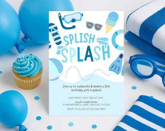 Invitación de cumpleaños playera editable / Invitación de cumpleaños para niño en la piscina / Fiesta en la piscina con chapuzones / Descarga digital / Plantilla Canva de 5x7
