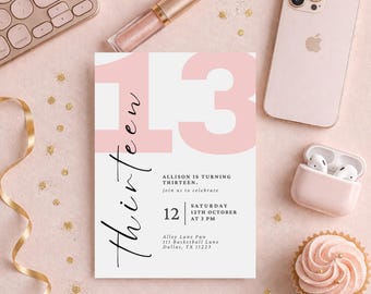 Pink 13th Birthday Invitation | Girl Thirteenth Birthday | Teen Girl Birthday | Evite Editable Canva Template (Digital Download)