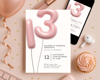 Invitation d'anniversaire rose | Fille treizième anniversaire | Ballon d'anniversaire pour adolescente | Modèle Canva modifiable Evite (téléchargement numérique)