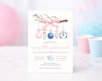 May include: A rectangular gender reveal invitation card featuring a watercolour illustration of a tree branch with a pink bow, hanging ornaments, a baby bottle, and a nappy. The text reads: please join us for a merry little gender reveal, December 16.
