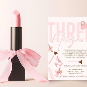 Invitación para la Pequeña Niña de Tres Años / Invitación de Cumpleaños con Maquillaje y Lazos para Niñas de Tercer Año / Cumpleaños con Maquillaje para Tercer Año / Descarga Digital 5x7 / Canva