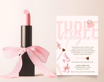 Invitación para la Pequeña Niña de Tres Años / Invitación de Cumpleaños con Maquillaje y Lazos para Niñas de Tercer Año / Cumpleaños con Maquillaje para Tercer Año / Descarga Digital 5x7 / Canva