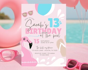 Editable Pool Party Birthday Invitation | Pastel Summer Party Invite Template, Girl Birthday Celebration, Digital Download Canva