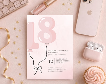 18th Birthday Invitation | Eighteenth Birthday Invite Girl | Light Pink Party | Editable Canva Template | Digital Download