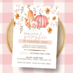 Our Little Pumpkin Is Turning One Invitation Girl, Pumpkin 1st Birthday Invite, Fall Birthday Party, Editable Template, Instant Download