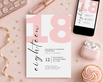 18th Birthday Invitation Template | Eighteenth Pink and White Evite | Pink Party Invite (Digital Download) | Canva Template | 5x7