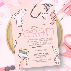 Convite para festa de artesanato para meninas, convite de aniversário editável de artes e ofícios, convite para festa de aniversário de artesanato, download instantâneo digital, edição no Canva