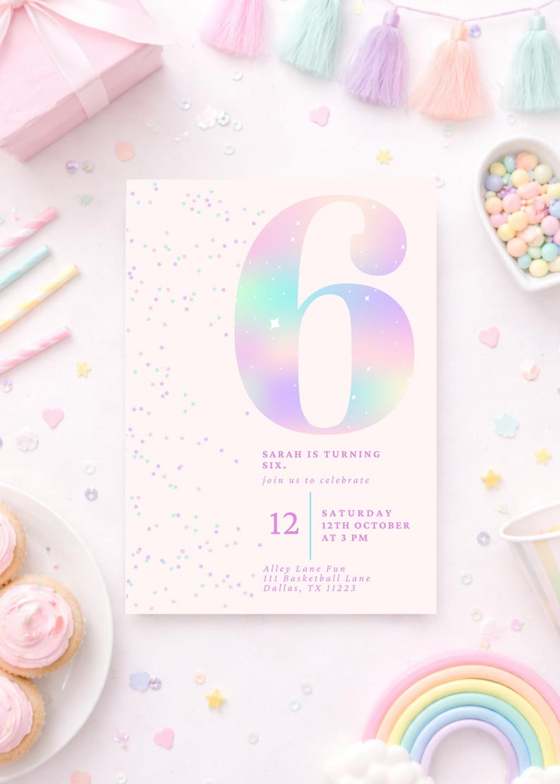 Editable Pink Glitter 6th Birthday Invitation | Sixth Birthday Girl | Rainbow Party Invite | Digital Download | Canva Template | 5x7 image 7