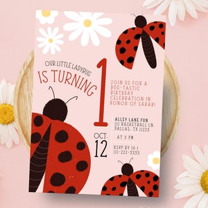 Convite de Aniversário de Joaninha para Menina | Convite para o 1º Aniversário | Modelo Editável no Canva | Festa com Tema de Joaninha | Download Digital 5x7