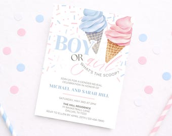 Eis Gender Reveal Einladung, Sommerparty Evite, bearbeitbare Canva Vorlage, süße Gender Reveal Einladung, digitaler Download 13x18