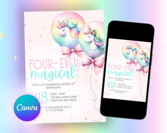 Inbjudan till 4-årsdag med enhörning | Fjärde födelsedag regnbåge pastellfärgad flicka födelsedag Evite | Redigerbar Canvas-mall | Digital nedladdning 5x7 inbjudan