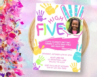 May include: A colorful birthday party invitation with the words "HIGH FIVE" in bright, playful lettering. The invitation includes a photo of a smiling child and details about the party, including the date, time, and location.