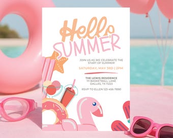 Plantilla editable de invitación para fiesta de verano, invitación para fiesta en la piscina de verano (5x7), imprimible o con texto de Evite, descarga digital de Canva.