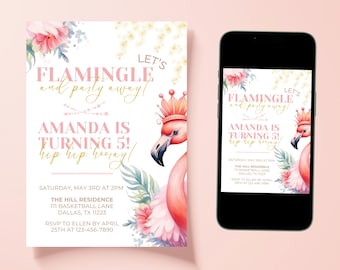 Flamingo Birthday Invitation Girl | Pink Flamingo Tropical Birthday Party Invite | Editable Canva Template | Digital Download 5x7