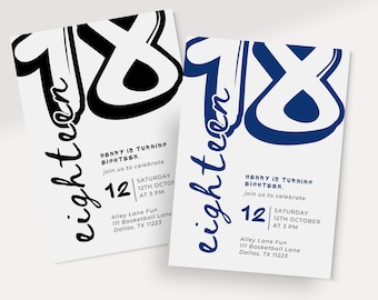 Inbjudan till 18-årsdag | Inbjudan till tonåring i svart eller blått för artonårsfest | Redigerbar Canvas-mall | Digital nedladdning | 5x7 text, e-post, utskrift