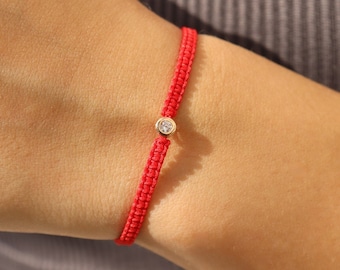 14K Solid Gold String Zircon Bracelet - Dainty, Minimalist, Meaningful Cord Bracelet, Gift For Women, Gift For Her