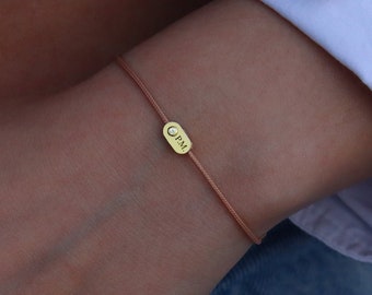Custom Diamond String Bracelet, 14K Solid Gold Engraved Bracelet, Personalized Initial Cord Bracelet, Friendship Letter String Bracelet