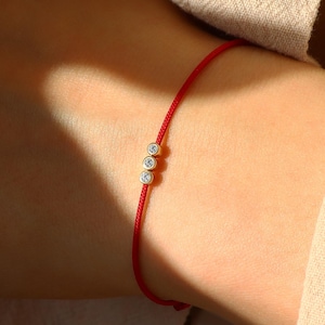 Triple Diamond String Bracelet, 14k Gold Silk Cord Bracelet, Dainty Diamond Thread Bracelet, Lucky Jewelry, Minimalist Gift for Her