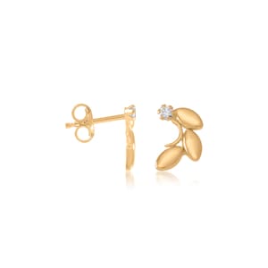 14K Solid Gold Leaves Stud Earrings, Tiny Olive Branch Earrings, Dainty Leaf Ear Crawler Earrings, Solid Gold Zircon Earrings, Gift for Her