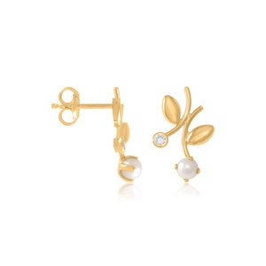 14K Solid Gold Leaves Stud Earrings, Tiny Olive Branch Earrings, Dainty Leaf Ear Crawler Earrings, Solid Gold Zircon Earrings, Gift for Her