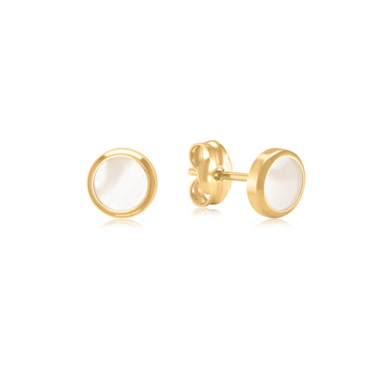14K Solid Gold Mother of Pearl Round Stud Earrings, Tiny Round Earrings, Dainty Circle Earrings, Solid Gold Round Earrings, Gift for Her