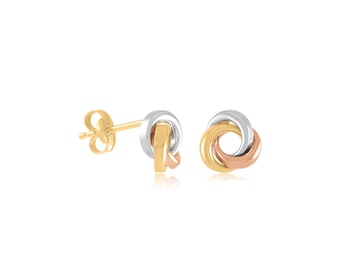 14K Solid Gold Tricolor Stud Earrings, Tricolor Gold Earrings, Minimalist Studs, Dainty Earrings, Solid Gold Round Earrings, Gift for Her