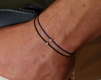 Men’s 14K Gold Diamond Bracelet, Adjustable Silk Cord Jewelry, Minimalist Luxury Bracelet, Lucky Charm, Friendship Gift, Everyday Jewelry