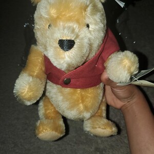 May include: A plush Winnie the Pooh bear with golden-yellow fur, a black stitched nose, and a red vest featuring a single gold-colored button. The stuffed animal has small rounded ears and a soft, textured appearance, with a white tag attached.