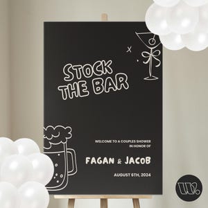 Stock the bar welkomstbord, handgetekende sjabloon voor douche voor stellen, boozy couples shower, bord voor barwagen, 24 x 36 canva-sjabloondownload