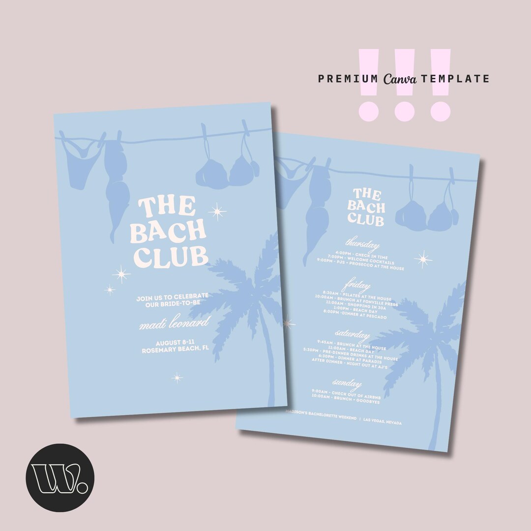 The Bach Club Itinerary Template, Coastal Bachelorette Party, Beach